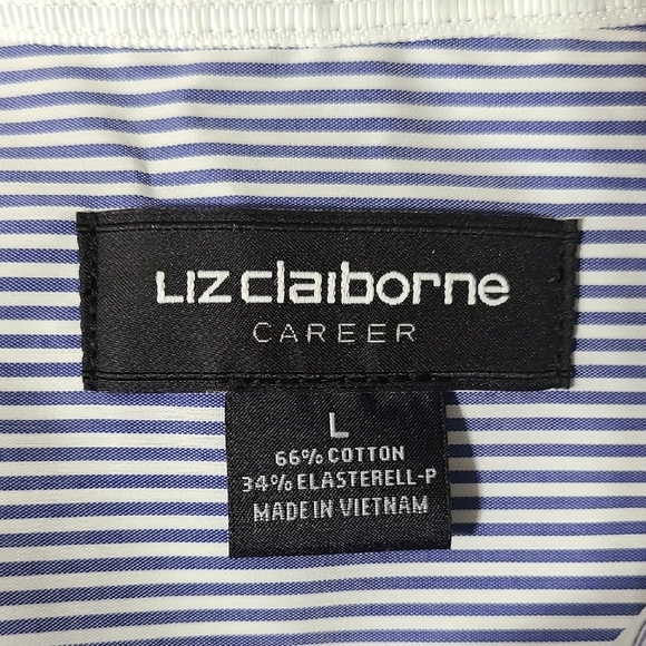 LIZ CLAIBORNE Career Wrinkle Free Blue & White Striped Long Sleeve Blouse Size L - Picture 11 of 13